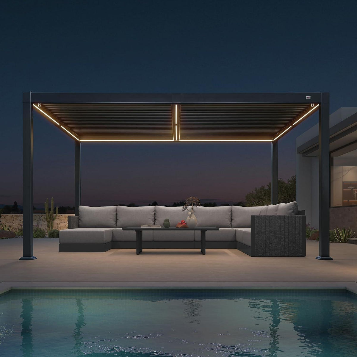 PURPLE LEAF Caesar – Pergola solaire en aluminium à lames orientables avec rubans LED, panneau de commande et toit réglable, gris
