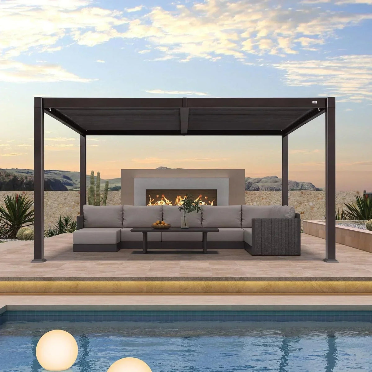 PURPLE LEAF Caesar – Pergola extérieure moderne en aluminium à lames orientables réglables avec éclairage jaune