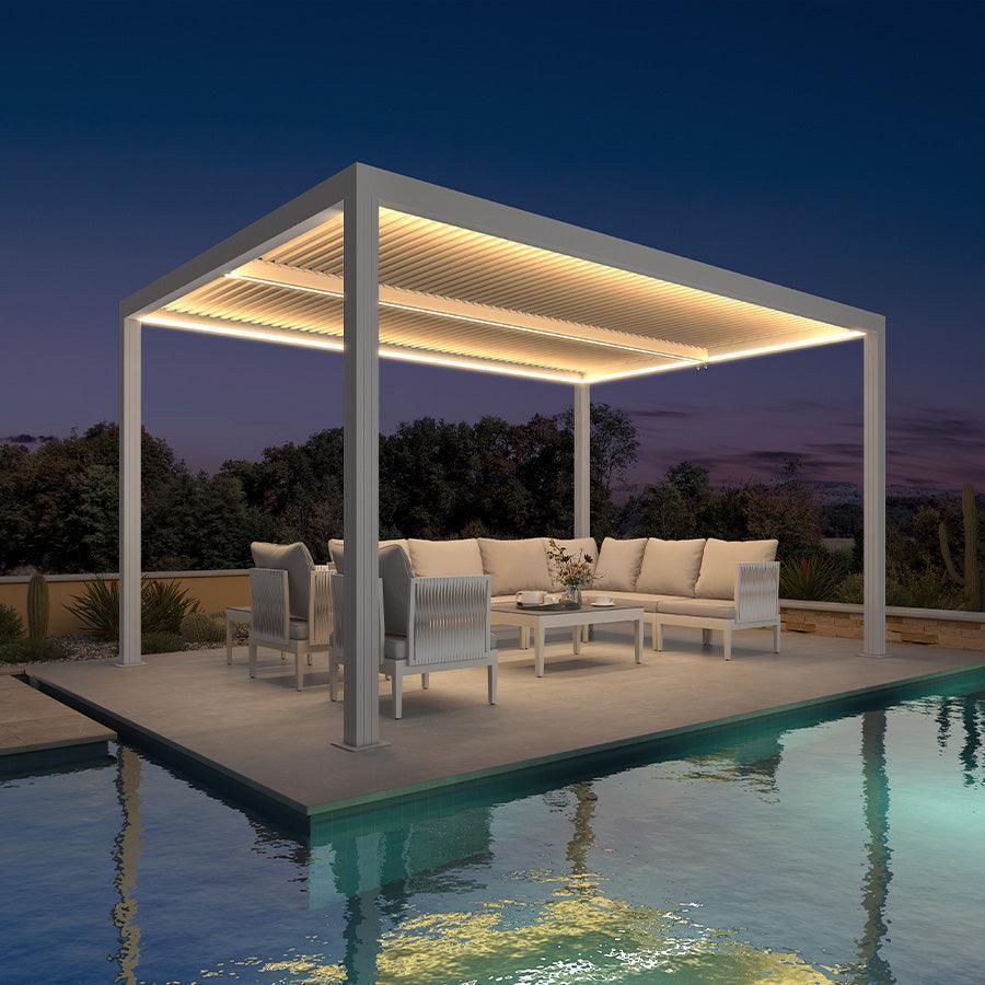 PURPLE LEAF Athena – Pergola extérieure blanche en aluminium à lames orientables avec rubans lumineux et toit réglable