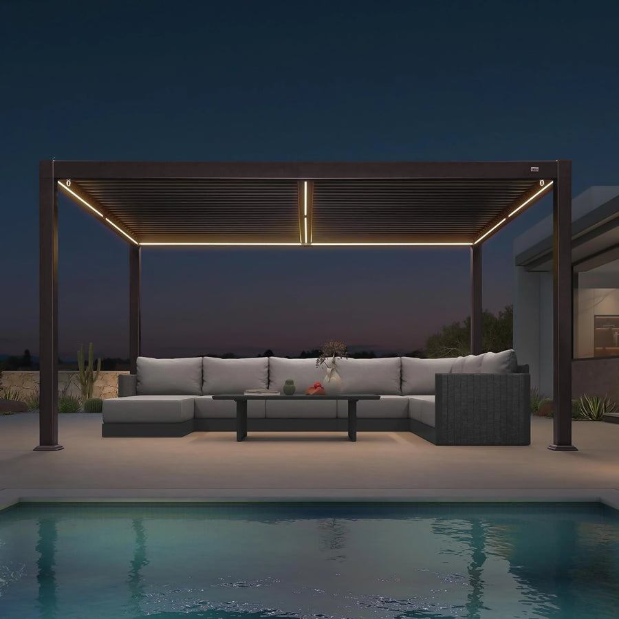 PURPLE LEAF Caesar – Pergola solaire extérieure en aluminium à lames orientables avec rubans LED, panneau de commande et toit réglable, bronze