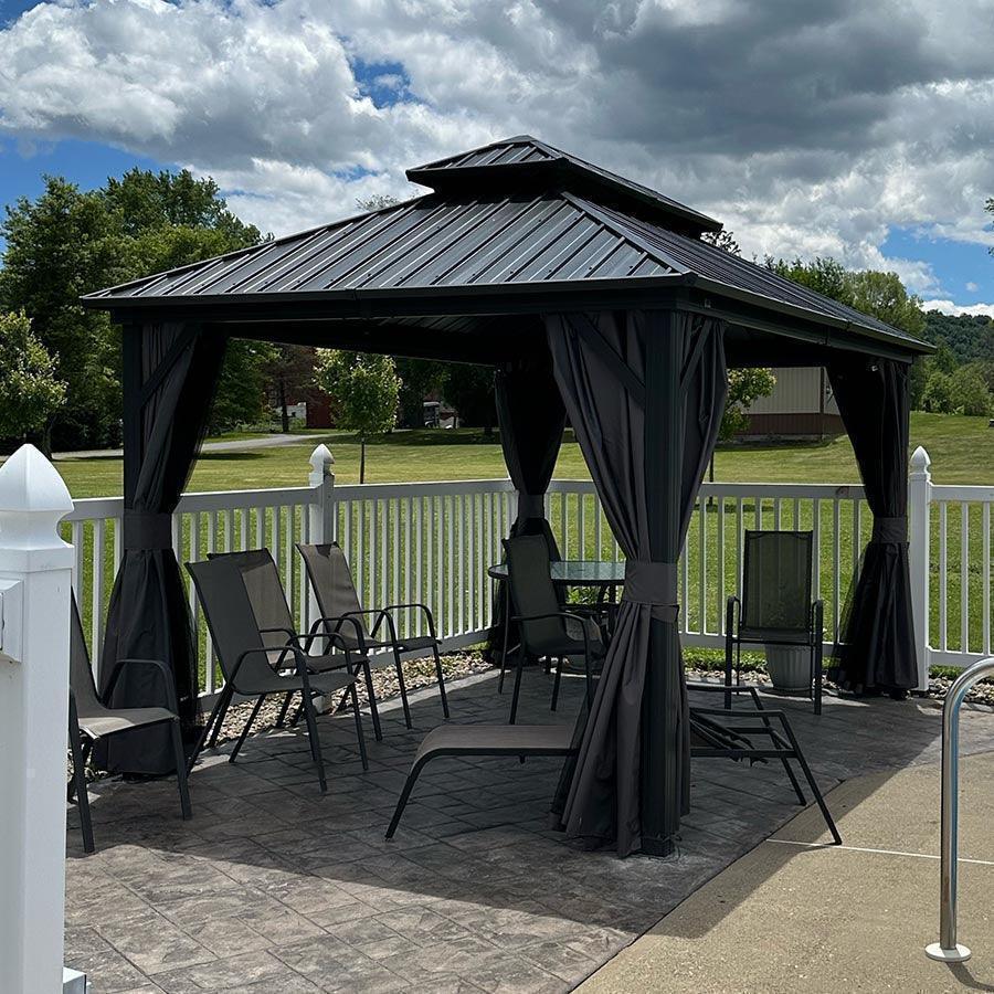 PURPLE LEAF – Pavillon de terrasse pour jardin, toit rigide gris en acier galvanisé avec rideau amélioré