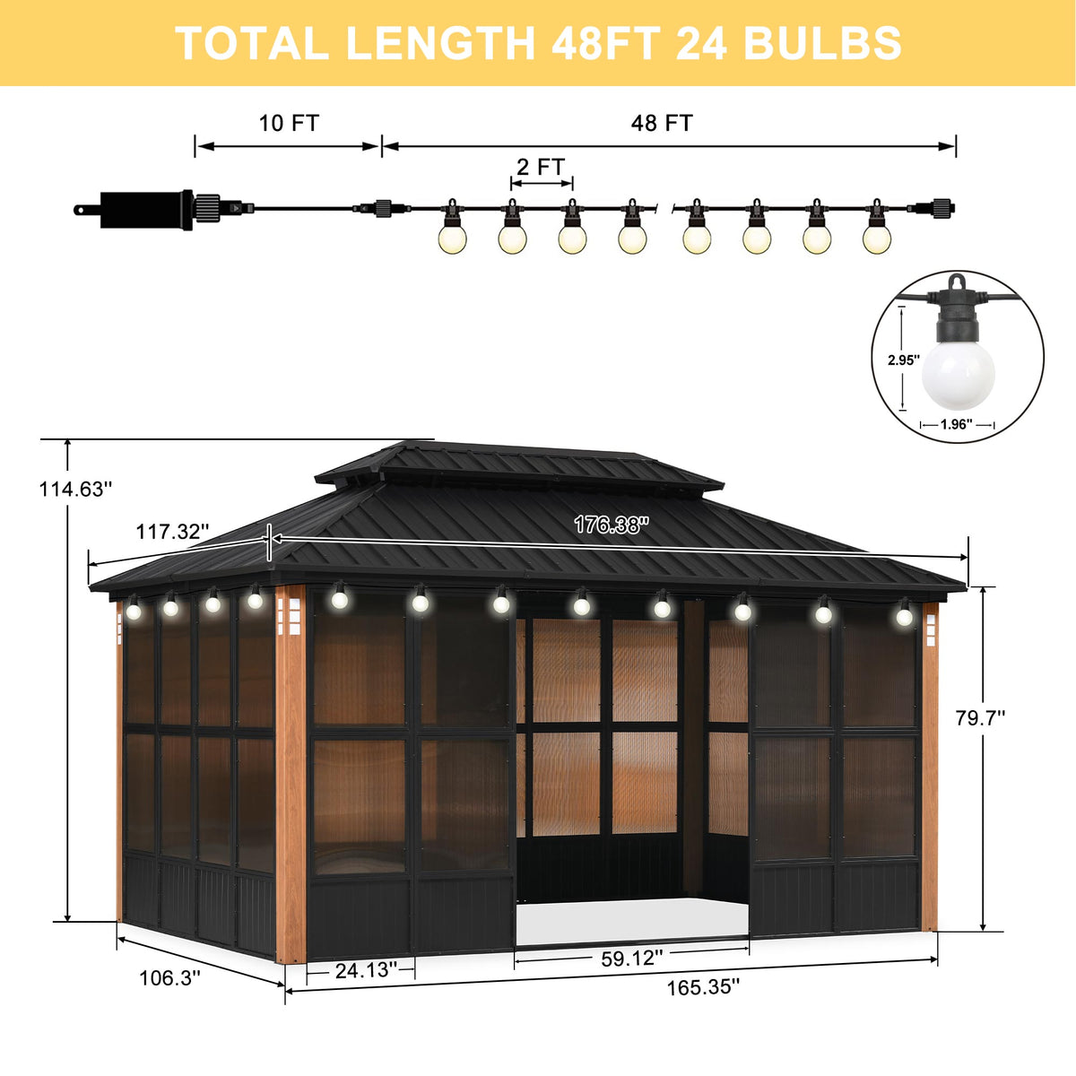 PURPLE LEAF – Pavillon-solarium à toit rigide avec colonnes effet bois, structure noire, double toit en acier galvanisé et guirlande lumineuse