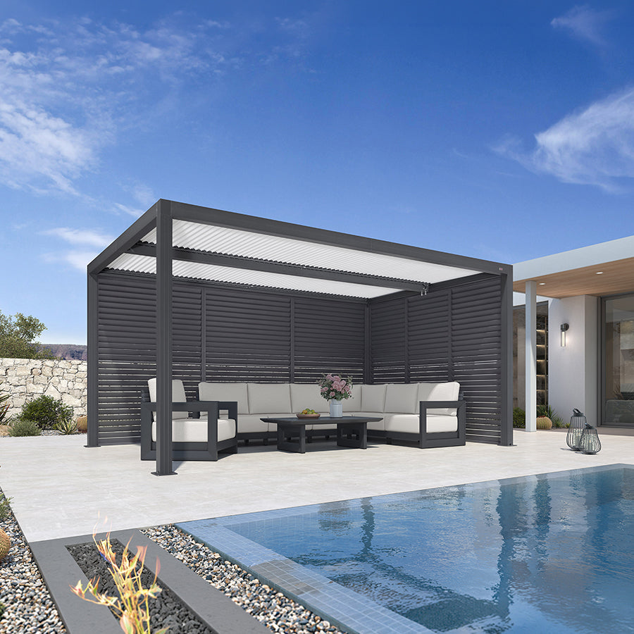 PURPLE LEAF Athena – Pergola extérieure grise en aluminium à lames orientables avec paroi à volets, réglable et étanche à la pluie