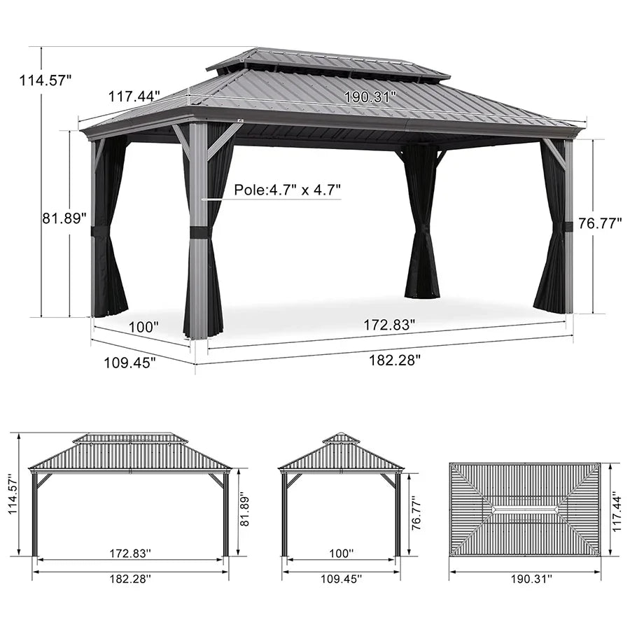 PURPLE LEAF – Pavillon de terrasse pour piscine, toit rigide gris clair en acier galvanisé avec rideaux améliorés