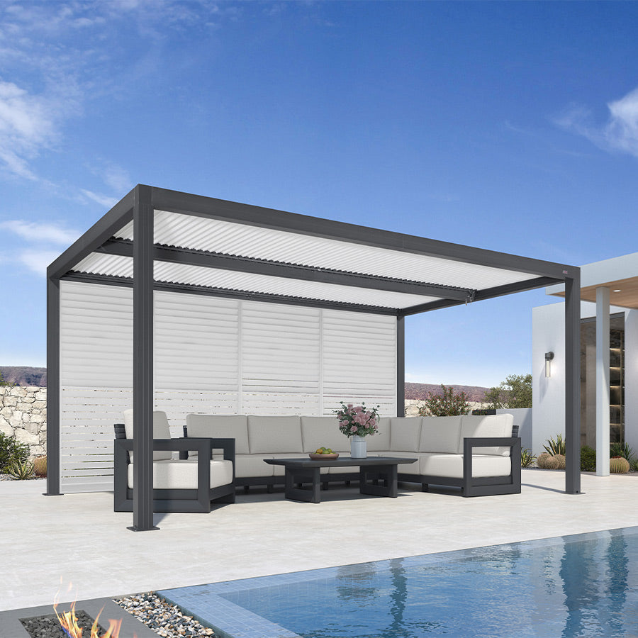 PURPLE LEAF Athena – Pergola extérieure grise en aluminium à lames orientables avec paroi à volets, réglable et étanche à la pluie