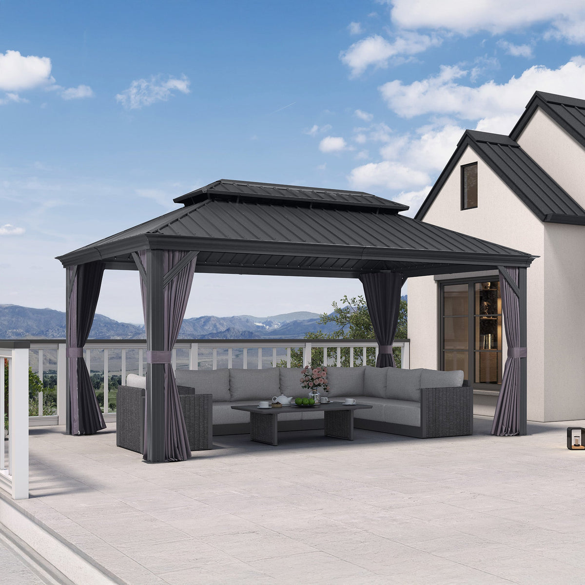 PURPLE LEAF – Pavillon de terrasse pour jardin, toit rigide gris en acier galvanisé avec rideau amélioré