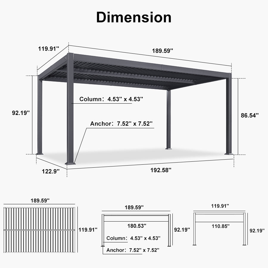 PURPLE LEAF Caesar – Pergola extérieure à lames orientables avec toit rigide réglable, gris