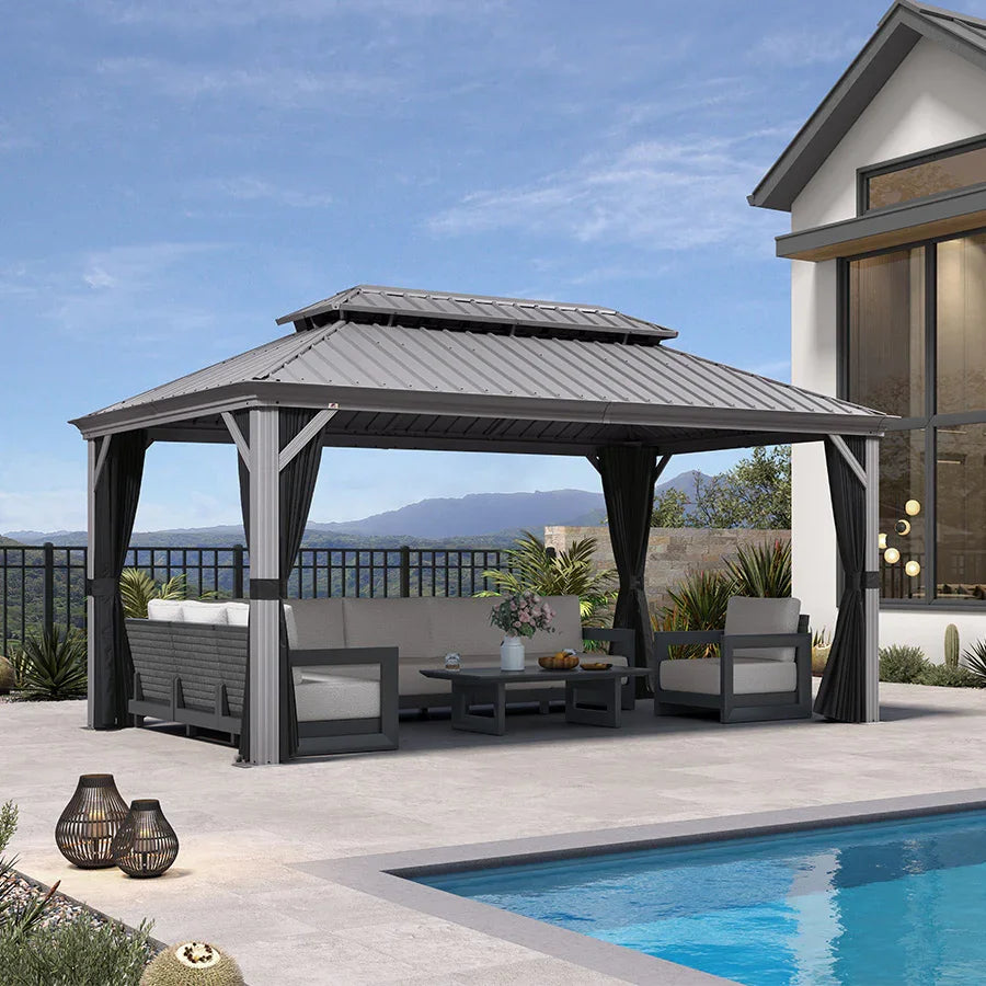 PURPLE LEAF – Pavillon de terrasse pour piscine, toit rigide gris clair en acier galvanisé avec rideaux améliorés