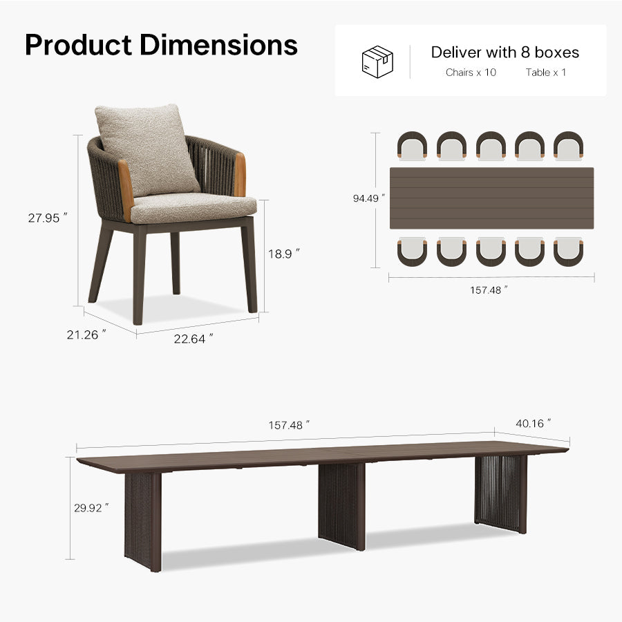 PURPLE LEAF Hailar – Ensemble repas extérieur familial avec table et chaises de terrasse en aluminium et coussins en oléfine