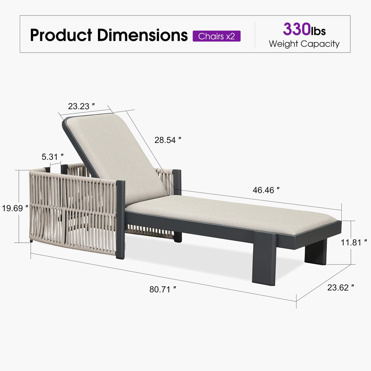 PURPLE LEAF – Chaise longue extérieure en aluminium avec accoudoirs enveloppants et coussin, inclinable pour terrasse et piscine