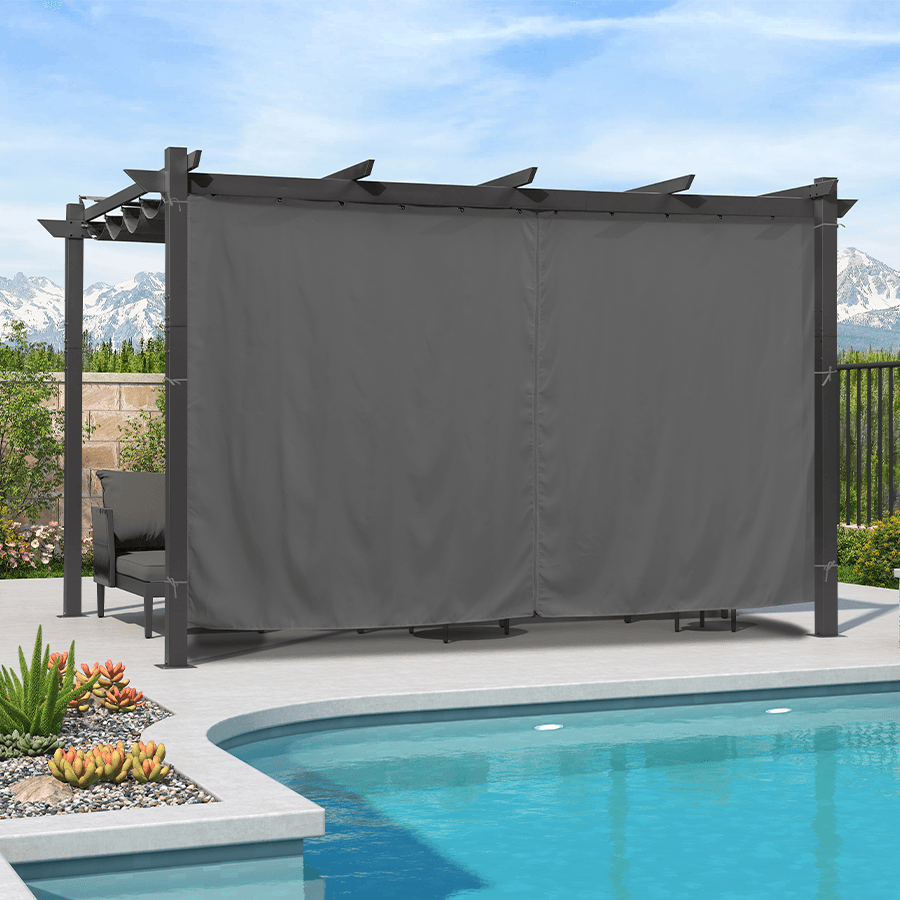 PURPLE LEAF – Pergola extérieure rétractable en aluminium avec toile d’ombrage et rideaux