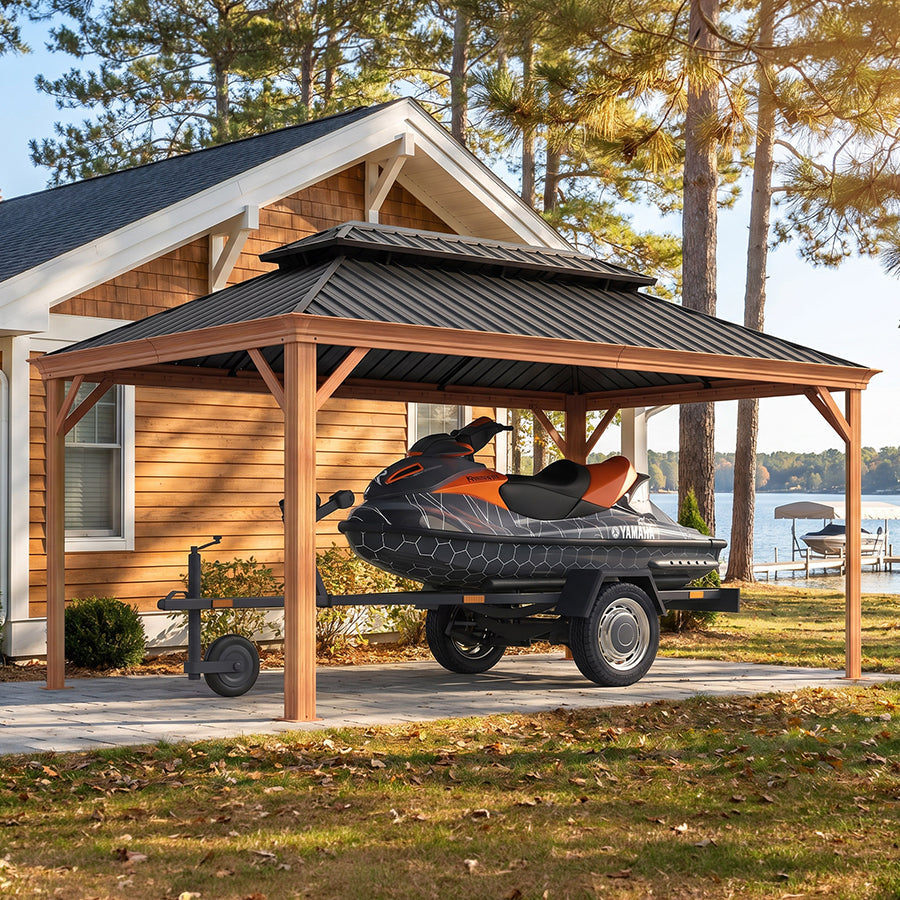 PURPLE LEAF – Abri voiture extérieur renforcé en aluminium avec structure effet bois