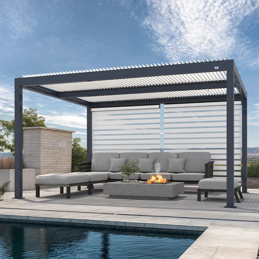 PURPLE LEAF Athena – Pergola extérieure grise en aluminium à lames orientables avec stores enrouleurs, réglable et étanche à la pluie
