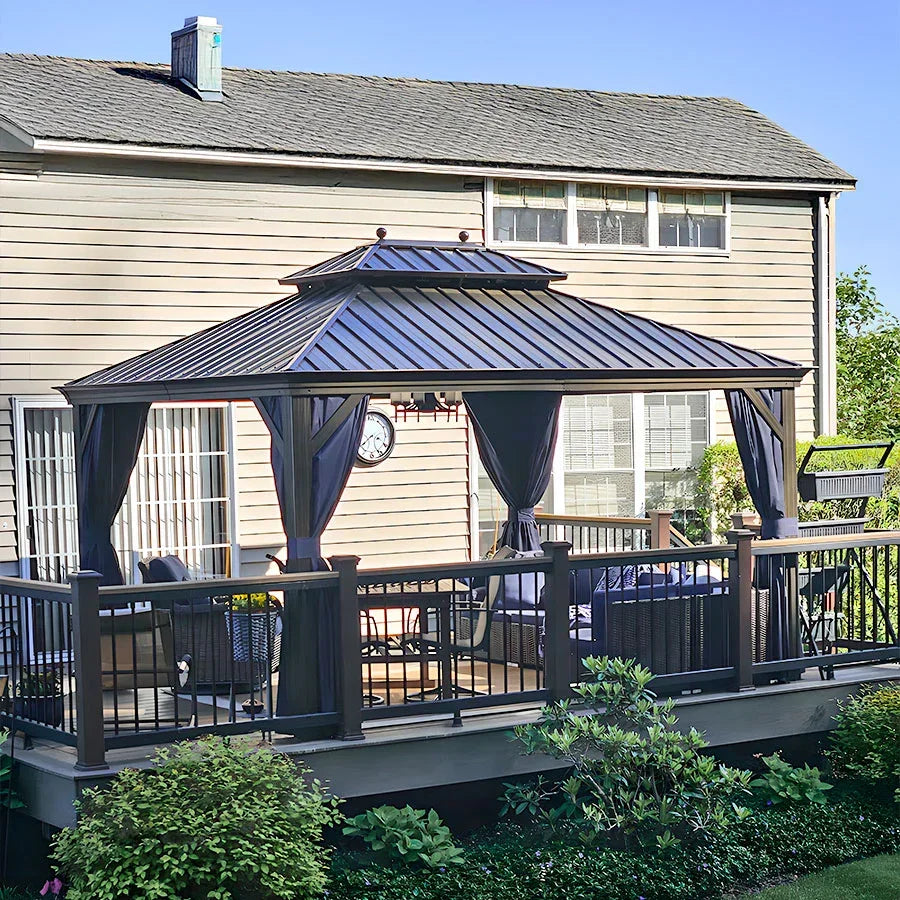 PURPLE LEAF – Pavillon extérieur à toit rigide pour terrasse, structure en aluminium bronze avec rideau bleu marine