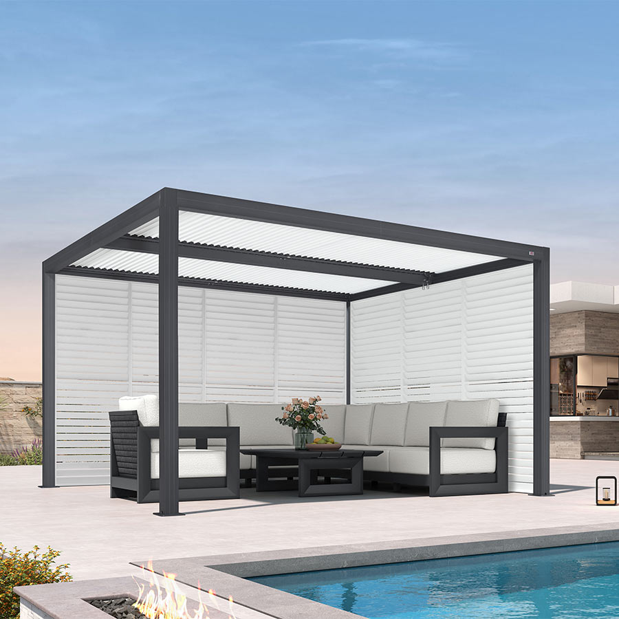 PURPLE LEAF Athena – Pergola extérieure grise en aluminium à lames orientables avec paroi à volets, réglable et étanche à la pluie