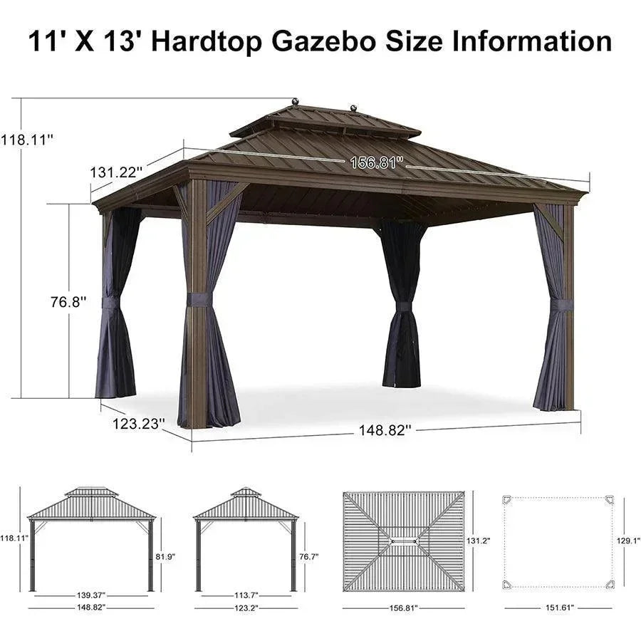 PURPLE LEAF – Pavillon extérieur à toit rigide pour terrasse, structure en aluminium bronze avec rideau bleu marine