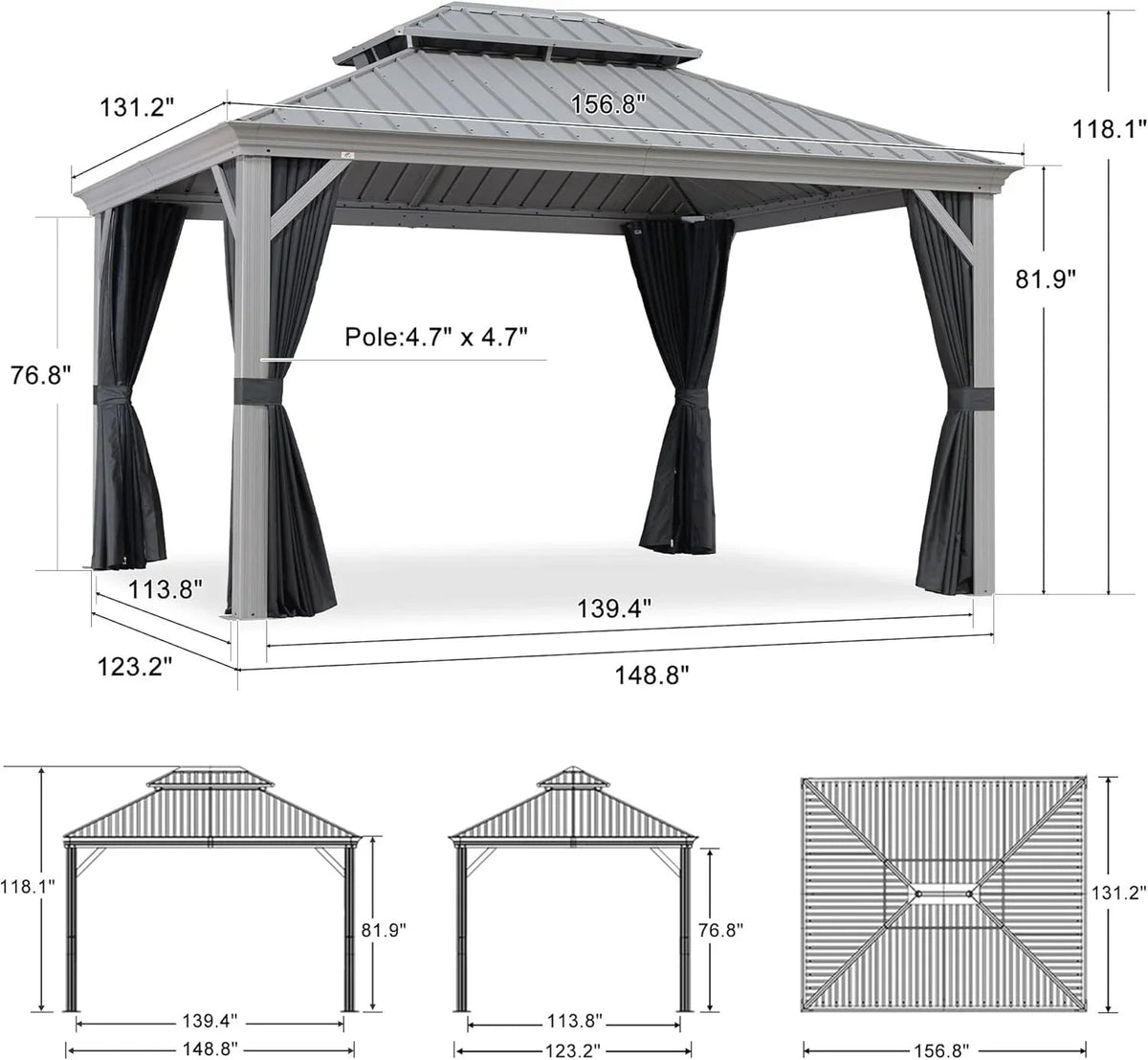 PURPLE LEAF – Pavillon de terrasse pour piscine, toit rigide gris clair en acier galvanisé avec rideaux améliorés