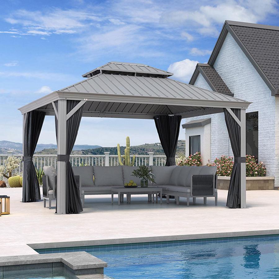 PURPLE LEAF – Pavillon de terrasse pour piscine, toit rigide gris clair en acier galvanisé avec rideaux améliorés