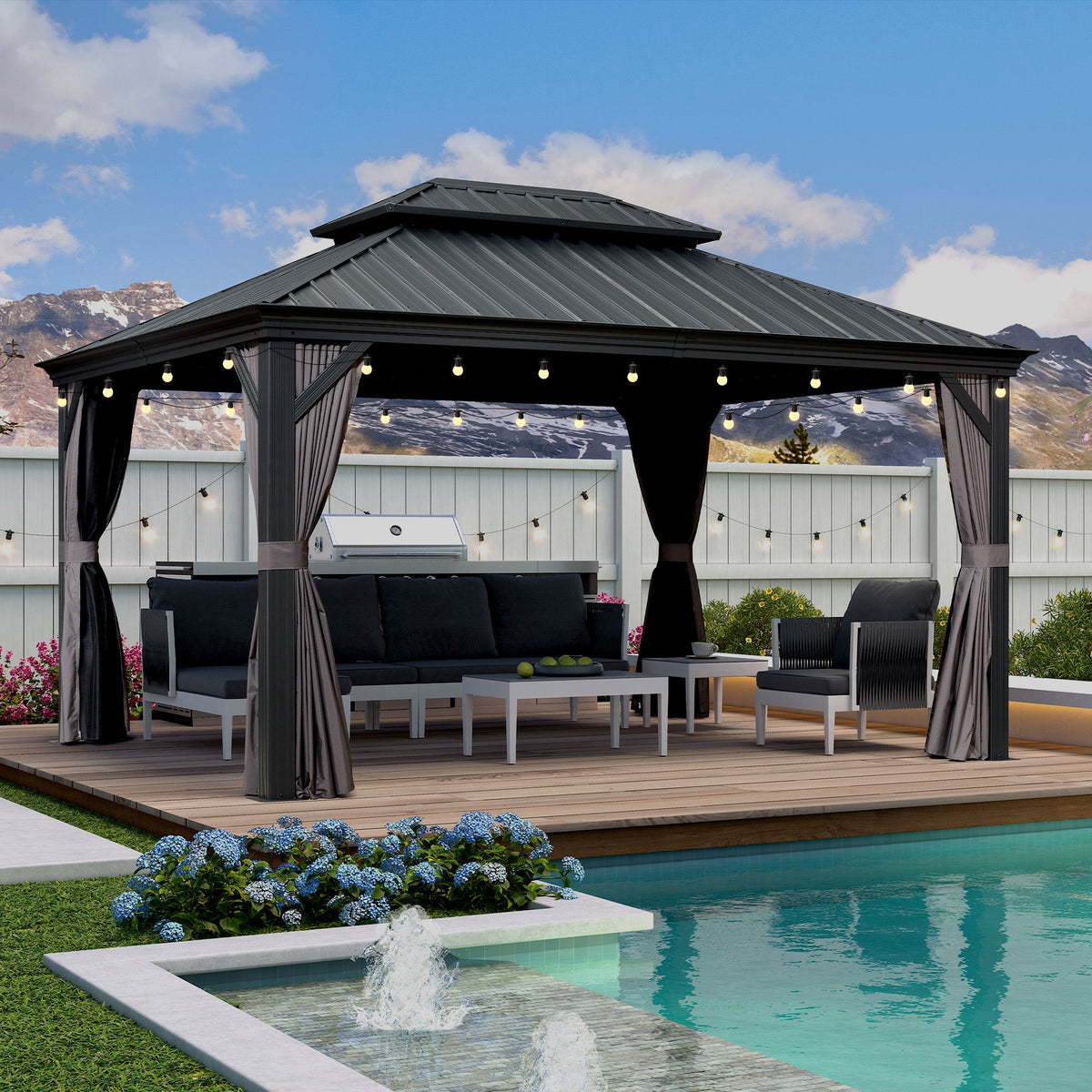 PURPLE LEAF – Pavillon de terrasse pour jardin, toit rigide gris en acier galvanisé avec guirlande lumineuse – milky
