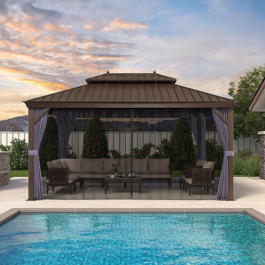 PURPLE LEAF – Pavillon extérieur à toit rigide pour terrasse, structure en aluminium bronze avec rideau bleu marine
