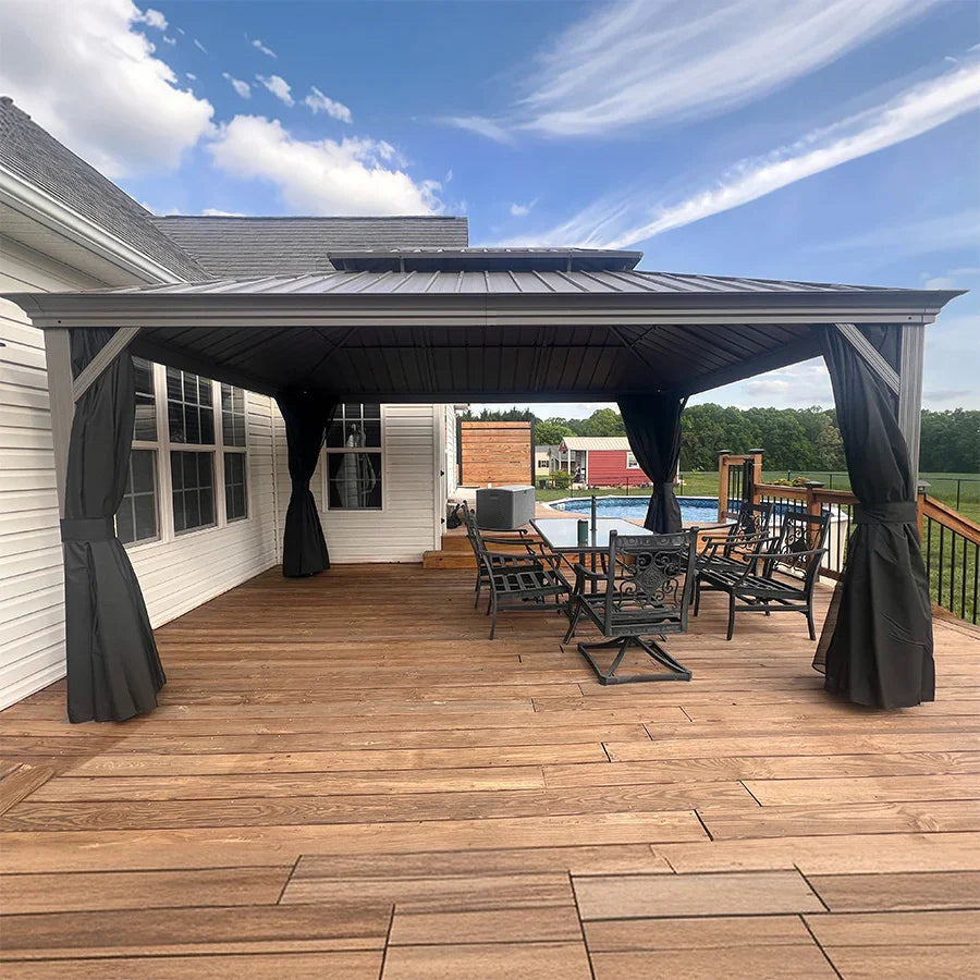 PURPLE LEAF – Pavillon de terrasse pour piscine, toit rigide gris clair en acier galvanisé avec rideaux améliorés
