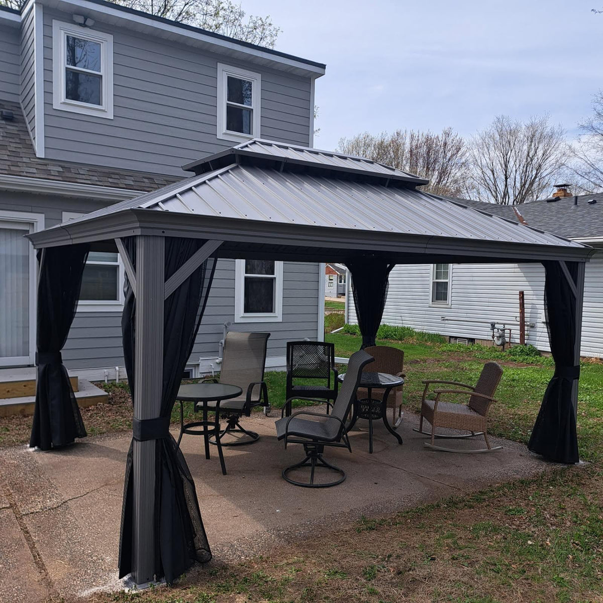 PURPLE LEAF – Pavillon de terrasse pour piscine, toit rigide gris clair en acier galvanisé avec rideaux améliorés