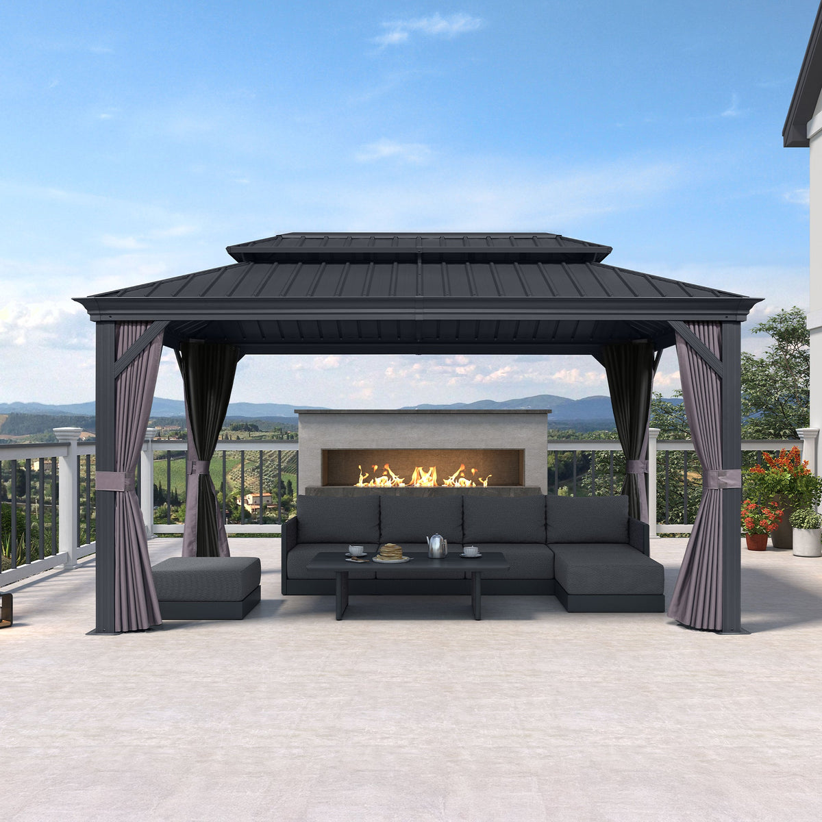 PURPLE LEAF – Pavillon de terrasse pour jardin, toit rigide gris en acier galvanisé avec rideau amélioré