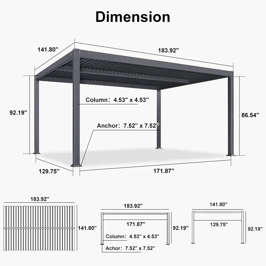 PURPLE LEAF Caesar – Pergola extérieure à lames orientables avec toit rigide réglable, gris