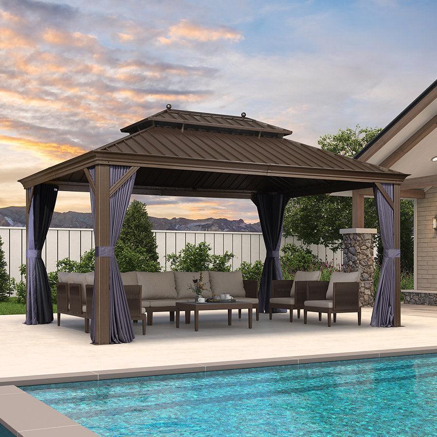 PURPLE LEAF – Pavillon extérieur à toit rigide pour terrasse, structure en aluminium bronze avec rideau bleu marine