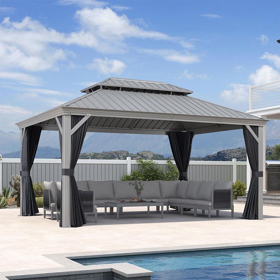 PURPLE LEAF – Pavillon de terrasse pour piscine, toit rigide gris clair en acier galvanisé avec rideaux améliorés