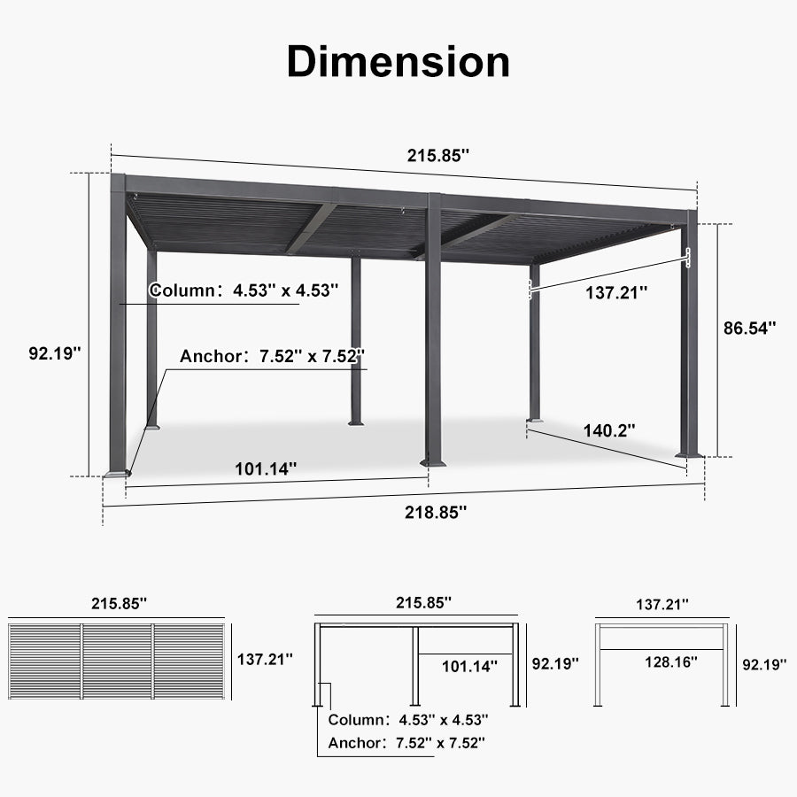 PURPLE LEAF Caesar – Pergola extérieure à lames orientables avec toit rigide réglable, gris