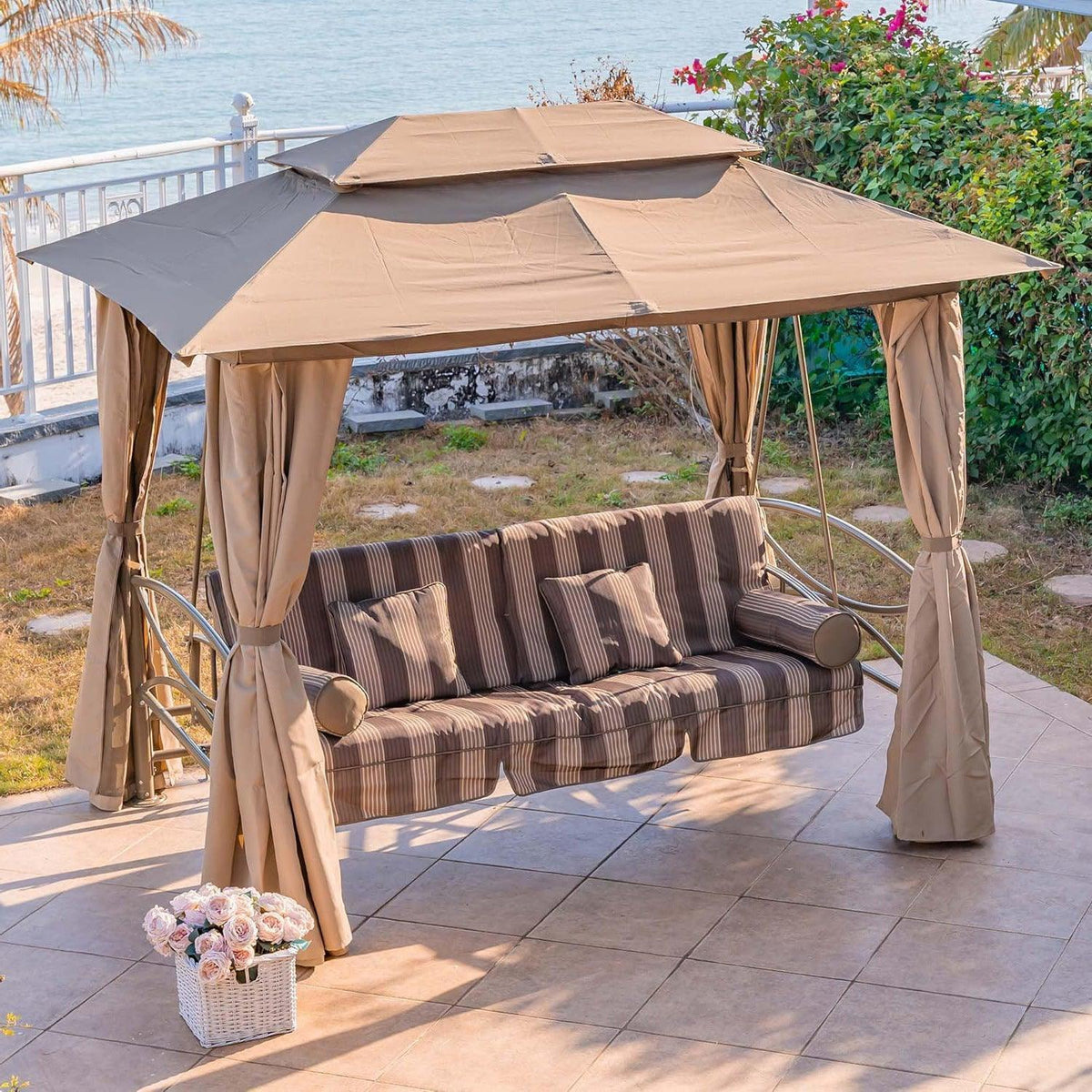 PURPLE LEAF – Balancelle extérieure 3 personnes avec pavillon de terrasse, moustiquaires, rideaux et auvent pour adultes