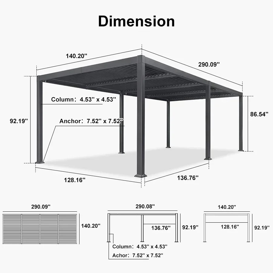 PURPLE LEAF Caesar – Pergola extérieure à lames orientables avec toit rigide réglable, gris