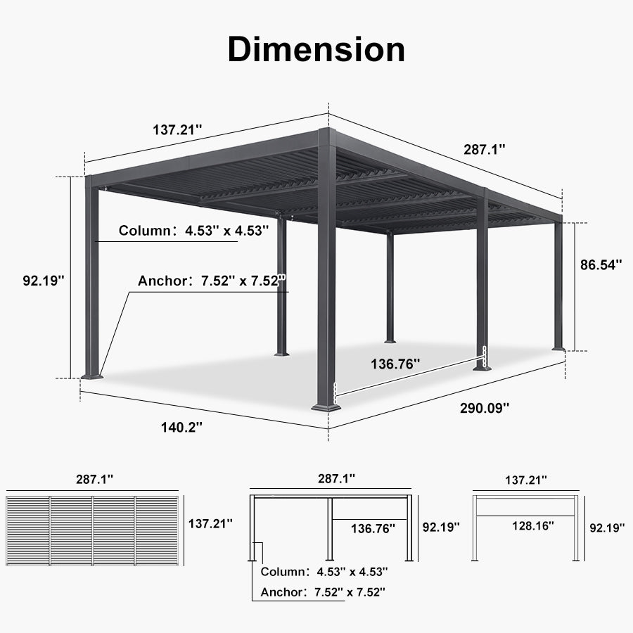 PURPLE LEAF Caesar – Pergola extérieure à lames orientables avec toit rigide réglable, gris