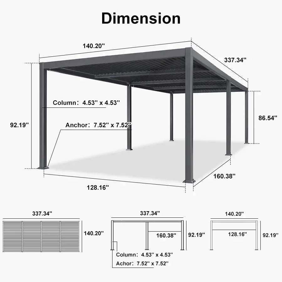 PURPLE LEAF Caesar – Pergola extérieure à lames orientables avec toit rigide réglable, gris