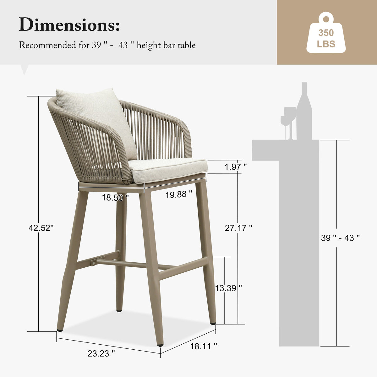 PURPLE LEAF – Tabourets de bar modernes extérieurs en aluminium et rotin avec dossier haut, accoudoirs, coussins et oreillers amovibles