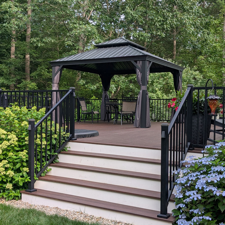 PURPLE LEAF – Pavillon de terrasse pour jardin, toit rigide gris en acier galvanisé avec rideau amélioré