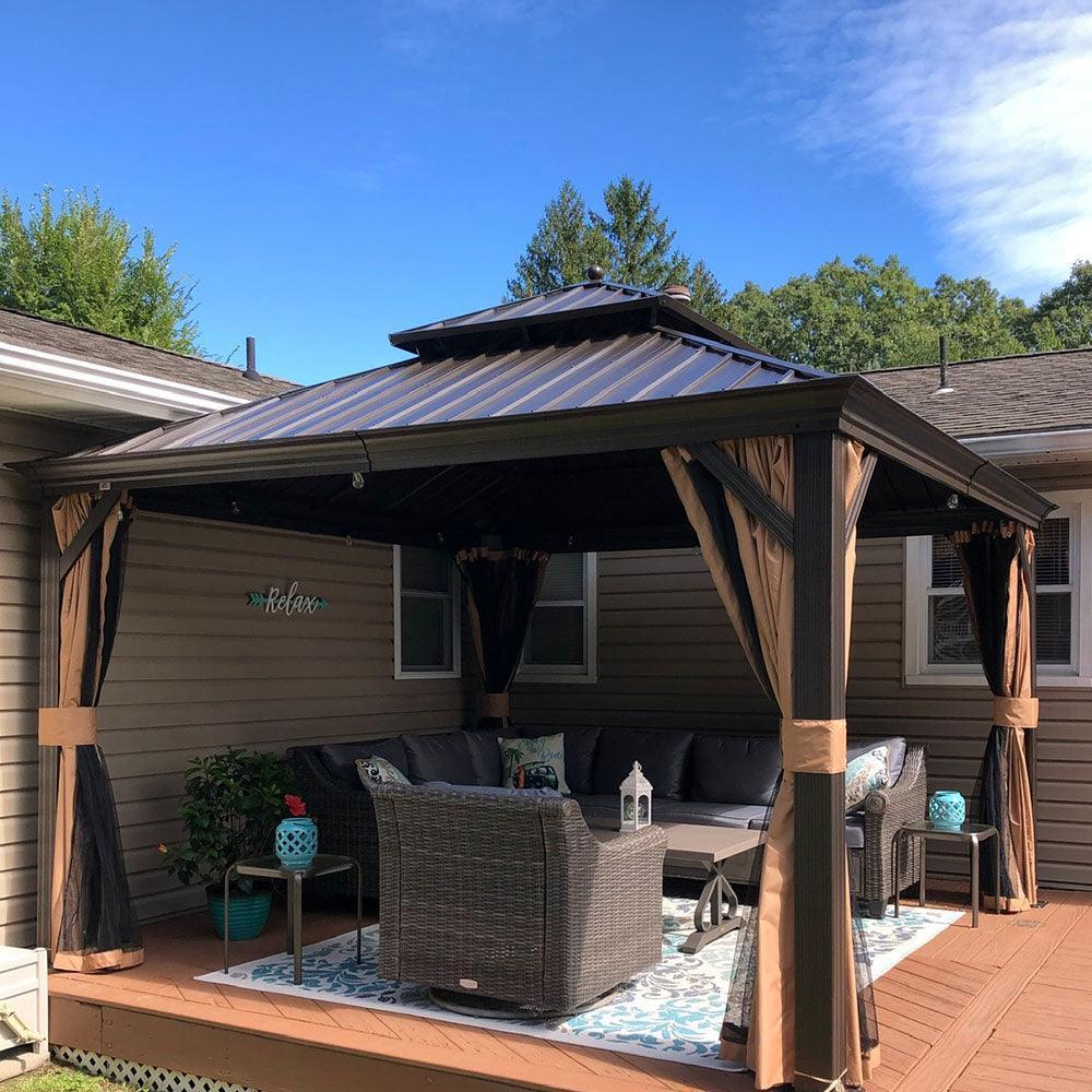 PURPLE LEAF – Pavillon extérieur à toit rigide pour jardin, double toit bronze, structure en aluminium et tige de renfort