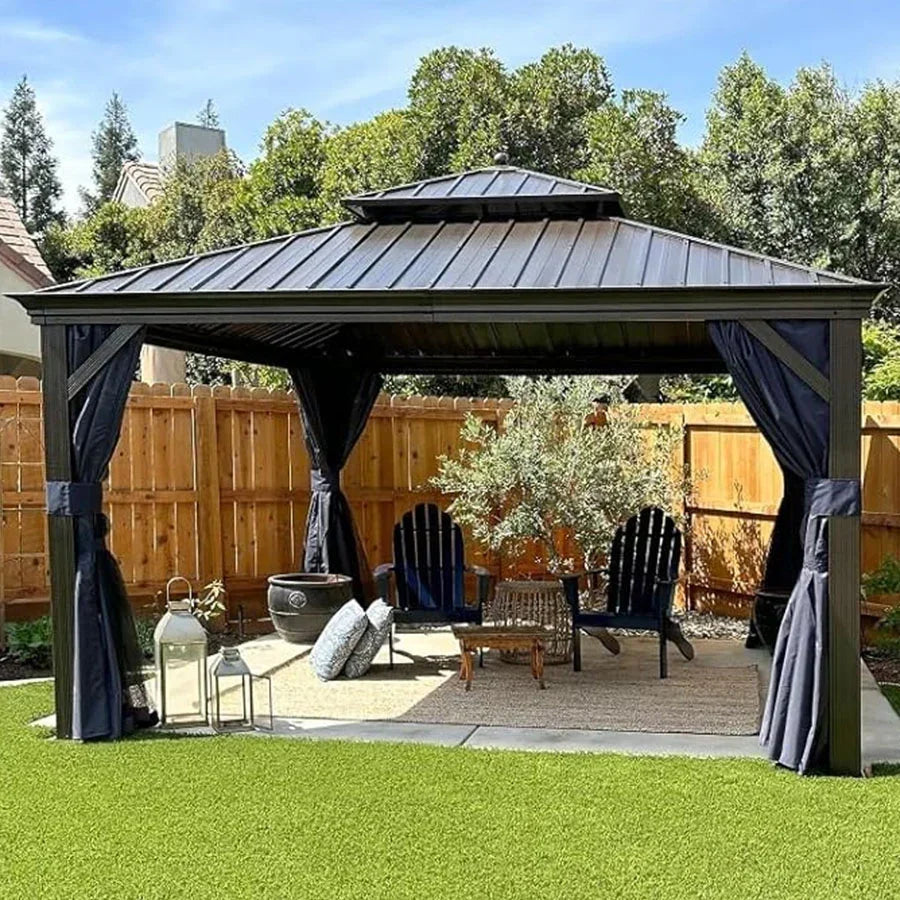 PURPLE LEAF – Pavillon extérieur à toit rigide pour terrasse, structure en aluminium bronze avec rideau bleu marine