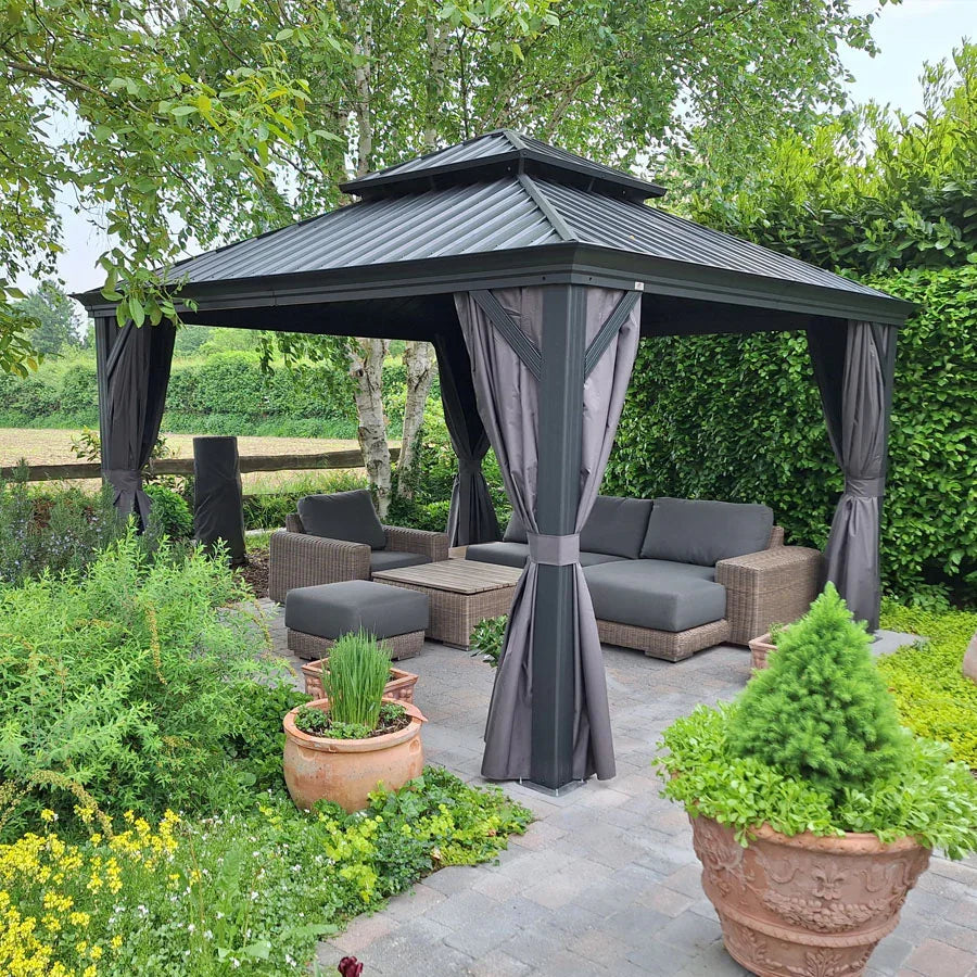 PURPLE LEAF – Pavillon de terrasse pour jardin, toit rigide gris en acier galvanisé avec rideau amélioré