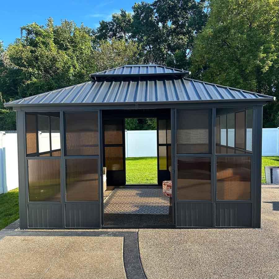 PURPLE LEAF – Pavillon-solarium extérieur à toit rigide, double toit gris en acier galvanisé et structure en aluminium toutes saisons