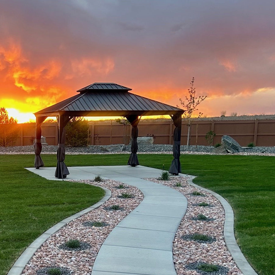 PURPLE LEAF – Pavillon de terrasse pour jardin, toit rigide gris en acier galvanisé avec rideau amélioré