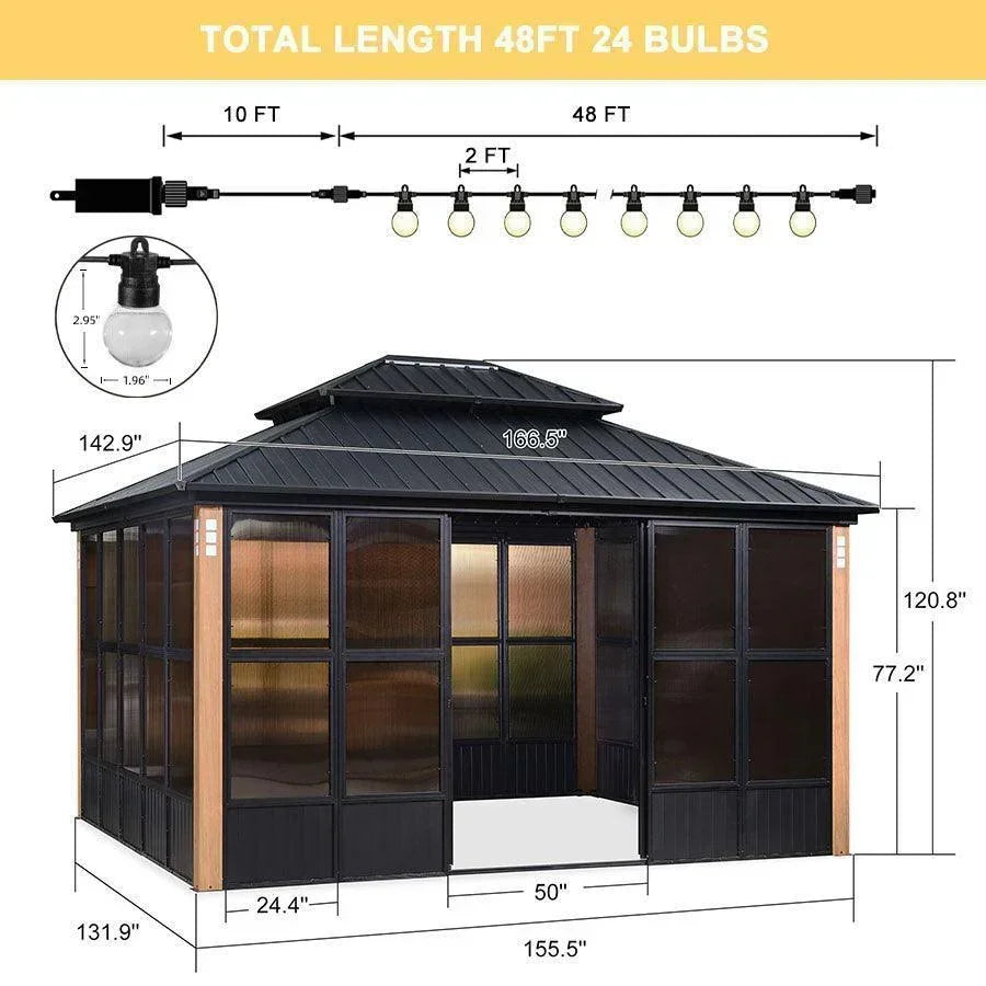 PURPLE LEAF – Pavillon-solarium à toit rigide avec colonnes effet bois, structure noire, double toit en acier galvanisé et guirlande lumineuse