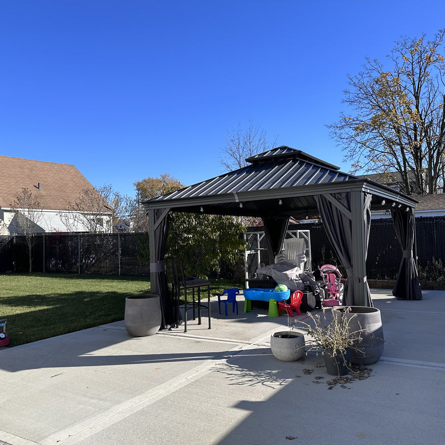 PURPLE LEAF – Pavillon de terrasse pour jardin, toit rigide gris en acier galvanisé avec rideau amélioré