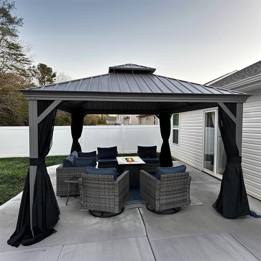 PURPLE LEAF – Pavillon de terrasse pour piscine, toit rigide gris clair en acier galvanisé avec rideaux améliorés