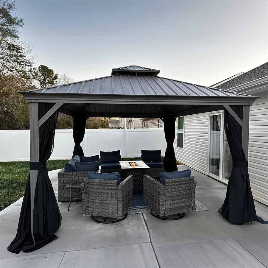 PURPLE LEAF – Pavillon de terrasse pour piscine, toit rigide gris clair en acier galvanisé avec rideaux améliorés