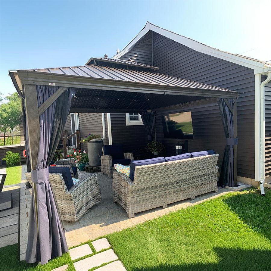 PURPLE LEAF – Pavillon extérieur à toit rigide pour terrasse, structure en aluminium bronze avec rideau bleu marine