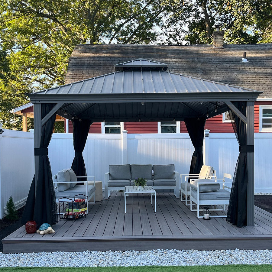 PURPLE LEAF – Pavillon de terrasse pour piscine, toit rigide gris clair en acier galvanisé avec rideaux améliorés