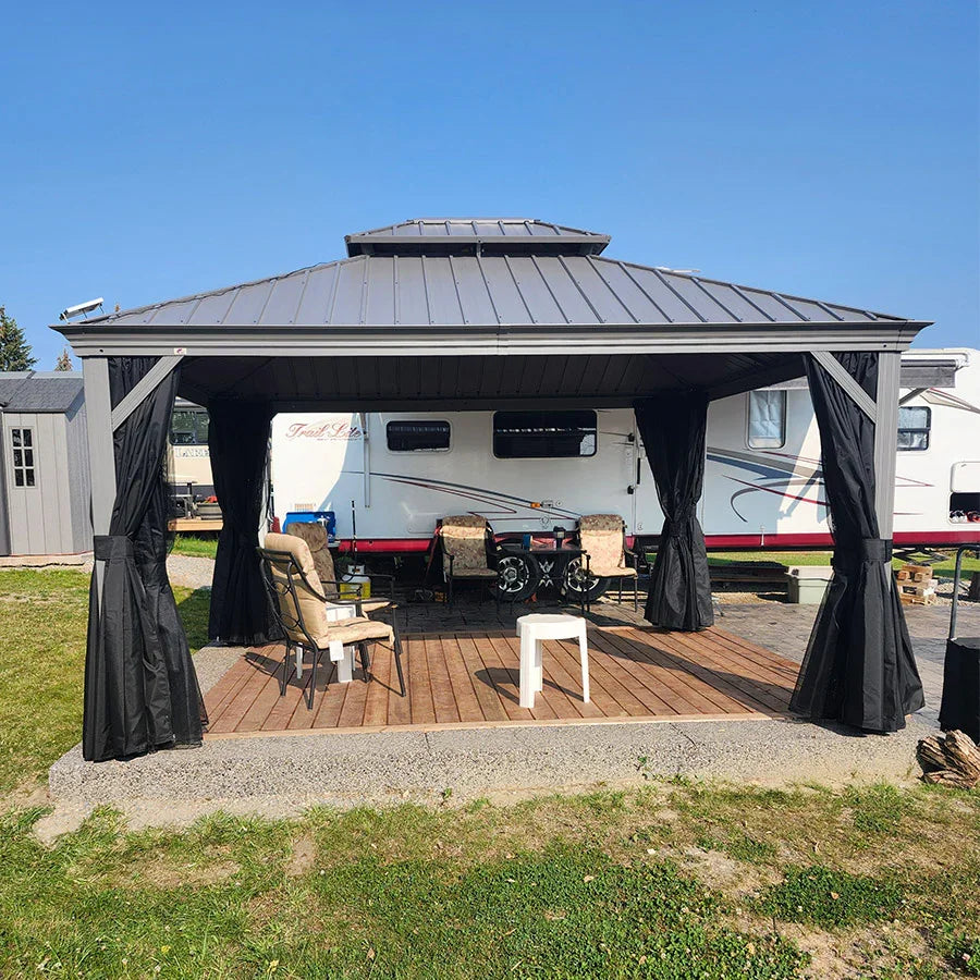 PURPLE LEAF – Pavillon de terrasse pour piscine, toit rigide gris clair en acier galvanisé avec rideaux améliorés