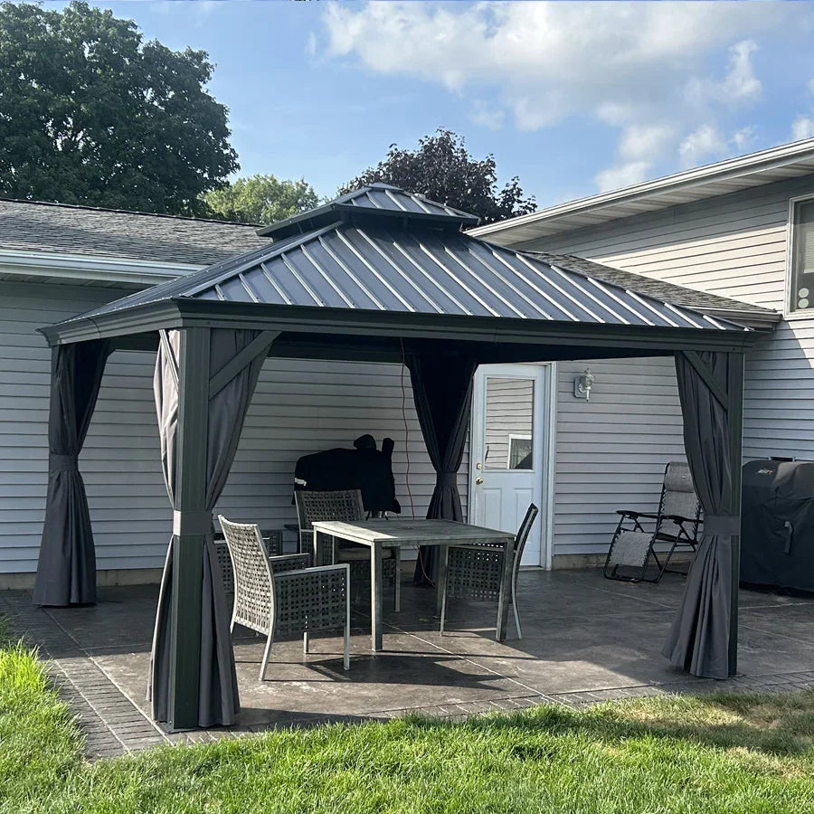 PURPLE LEAF – Pavillon de terrasse pour jardin, toit rigide gris en acier galvanisé avec rideau amélioré